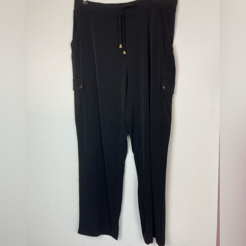 Susan Graver stretchy pull on trousers cargo pockets, elastic drawstring waist